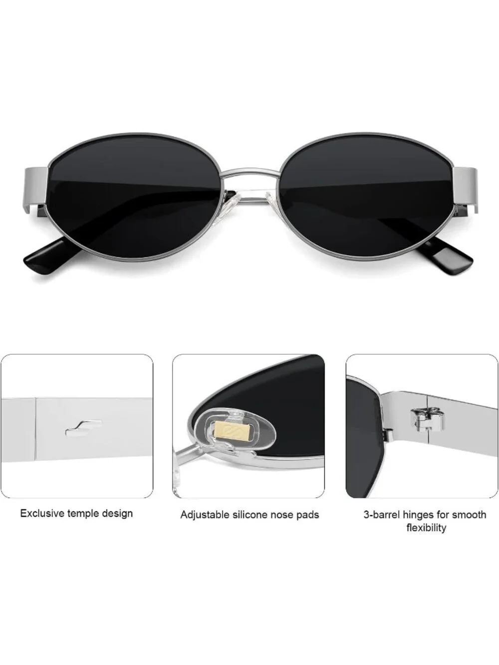 Women's Shiny Silver Grey Lens Oval Trendy Shades UV400 Protection Sunglasses